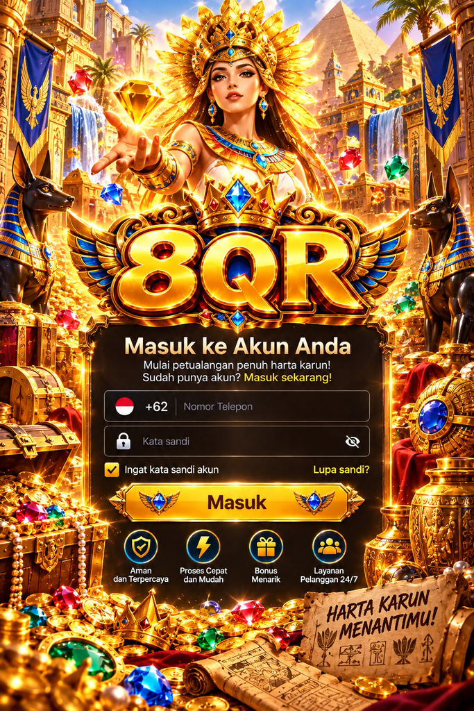 8QR Login dengan tema harta karun dan permata Mesir